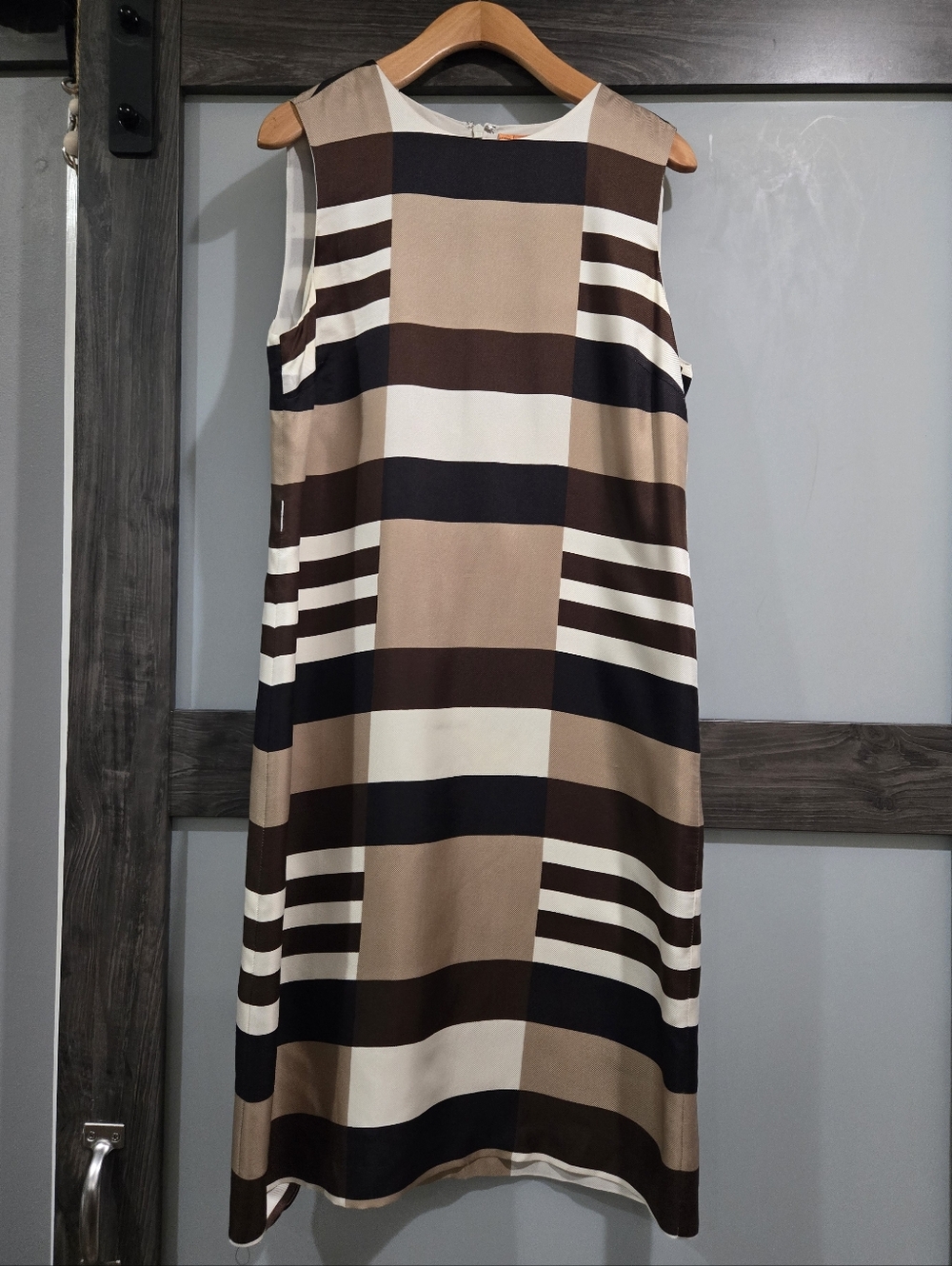 Tory Burch 100% Silk Plaid Shift Dress Sleeveless Neutral Check Midi Size 6
